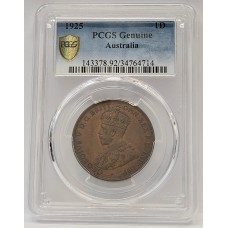 AUSTRALIA 1925 . ONE 1 PENNY . GENUINE . BROKEN N